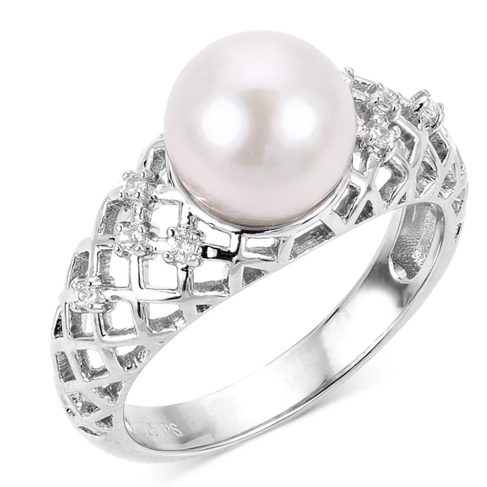 Cultured Freshwater Pearl & White Sapphire Ring in Sterling Silver - Size 7